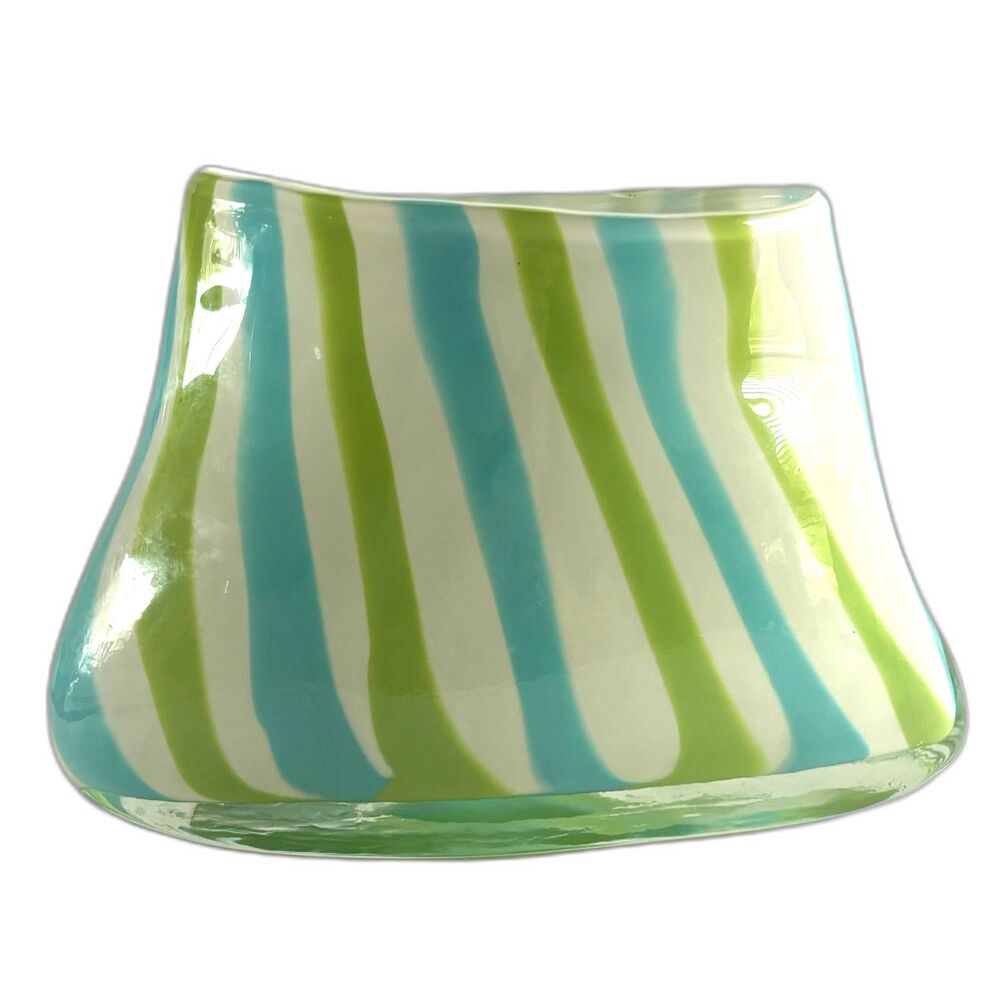VTG Art Glass Vase Hand Blown Blue Green White Swirl Stripe Modern Sculptural